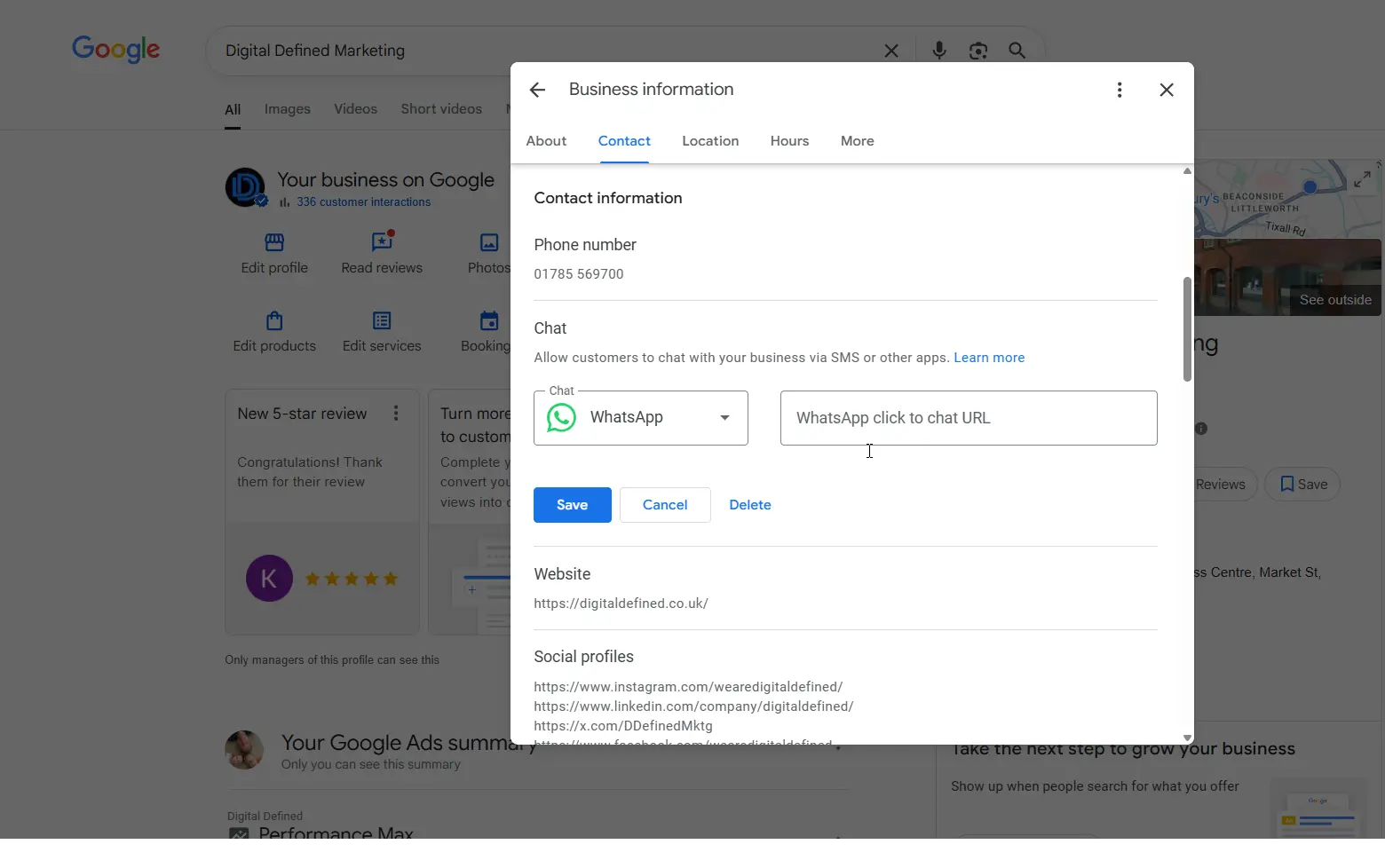 add whatsapp chat to google business profile